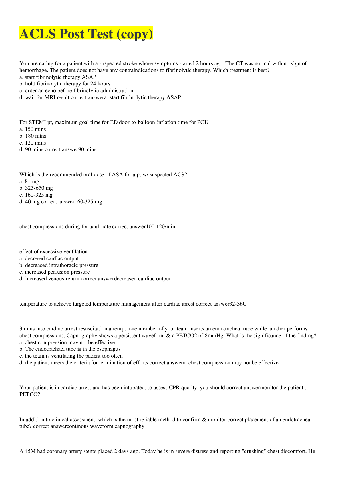 Preview image of ACLS Post Test (copy) 2022 document